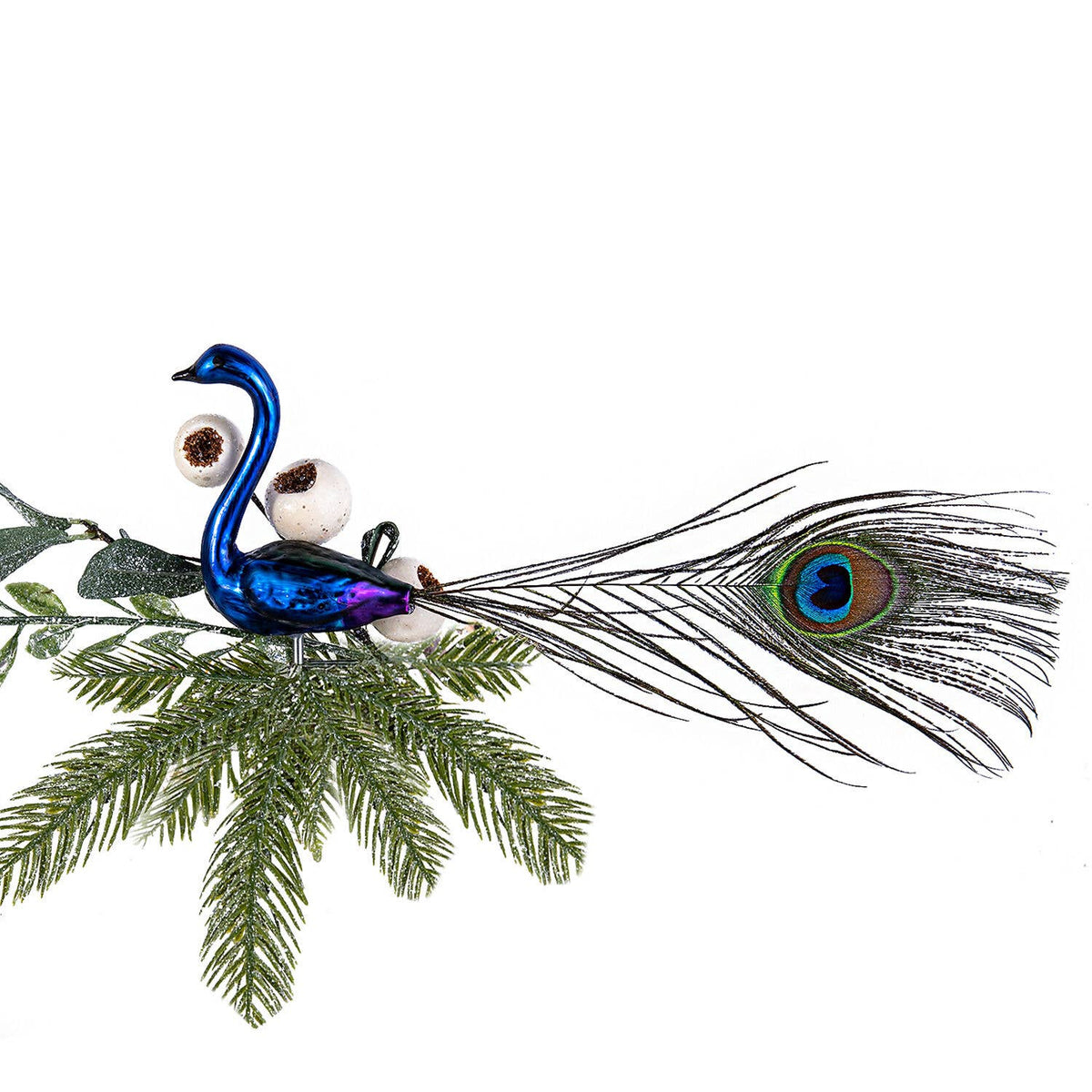 Peacock with Natural Feather Glass Christmas Tree Ornament - STP - Bluecashew Kitchen Homestead